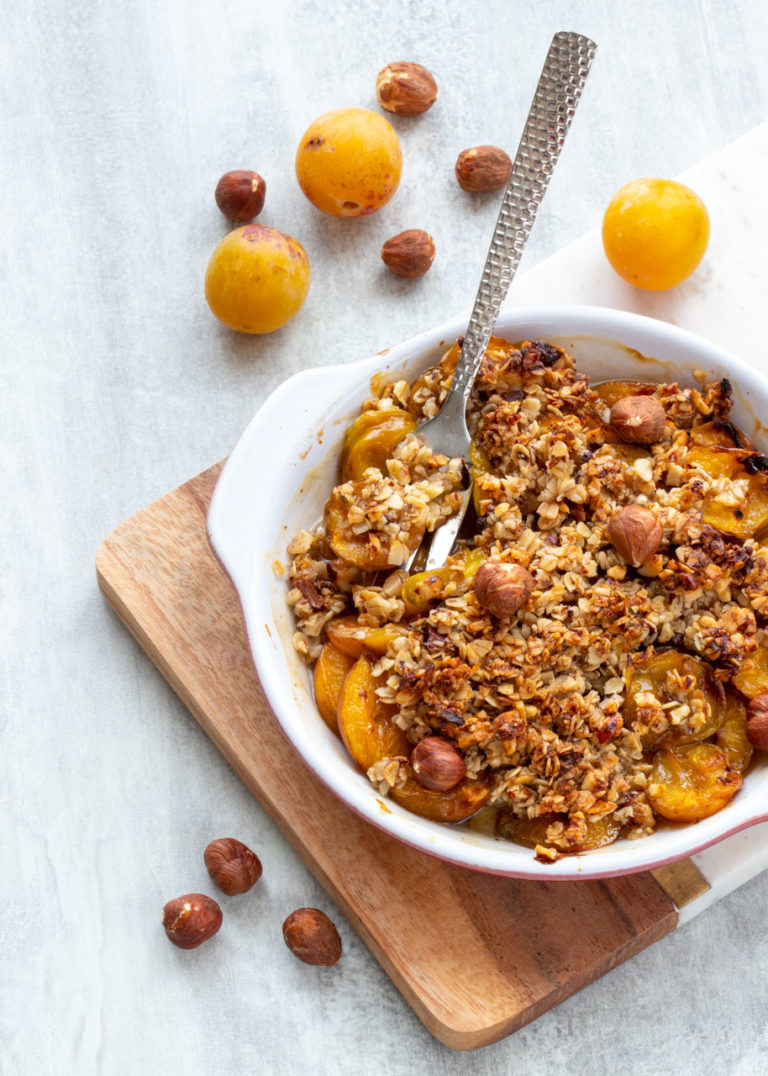 Recette : Crumble mirabelle aux flocons d&amp;#39;avoine et noisettes